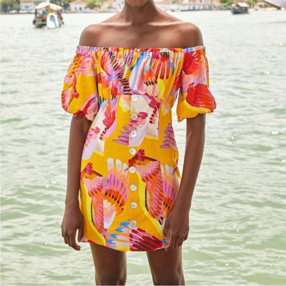 Farm Rio Neon Macaws Off the Shoulder Tropical Mini Dress 🦜
